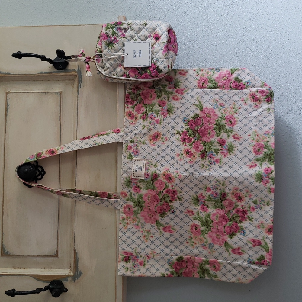 BUNDLE Sezane Quilted Beauty Case Agosto Print Plus Matching Tote.